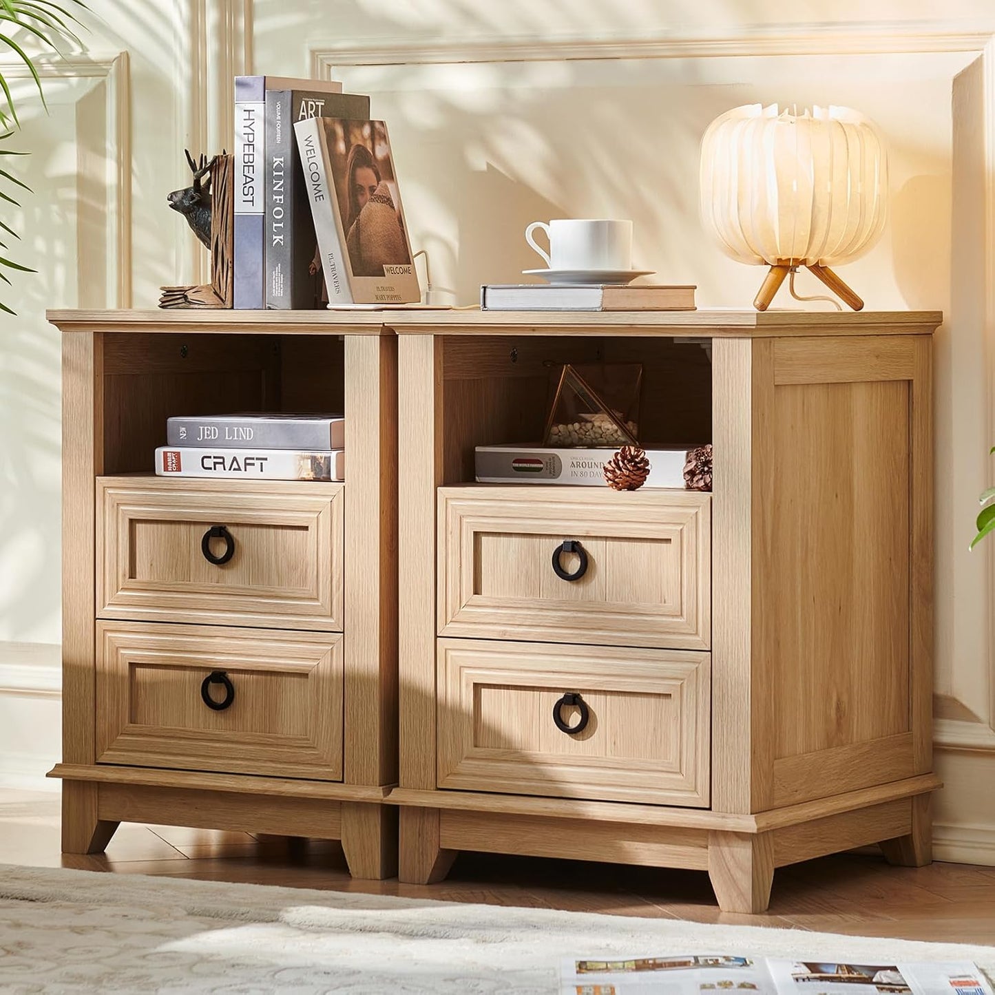 Farmhouse Night Stands Set of 2 with Charging Station for Bedroom