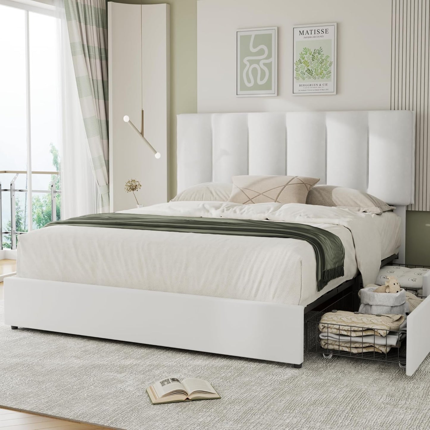 VECELO Full Size Bed Frame with 4 Storage Drawers for Comfort