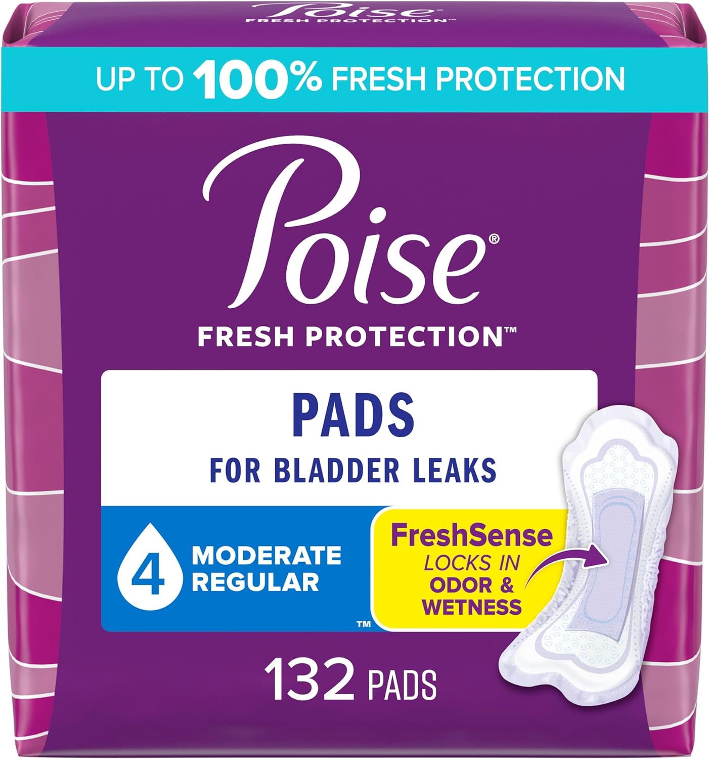 Poise 4 Drop Moderate Absorbency Pads, 132 Count
