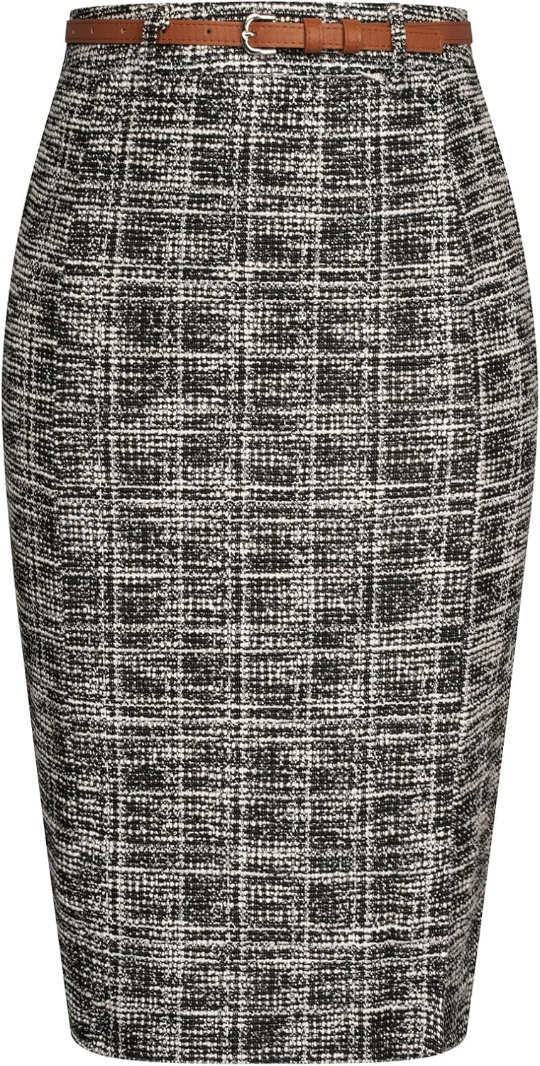 Tweed Pencil Skirt for Women with Slit and Belt - Elegant Style