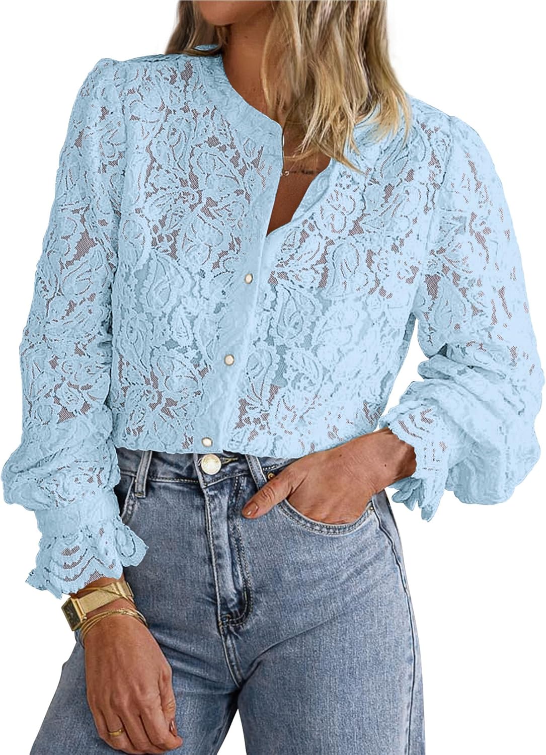 PRETTYGARDEN Women's Lace Blouse Long Sleeve Button Up Top