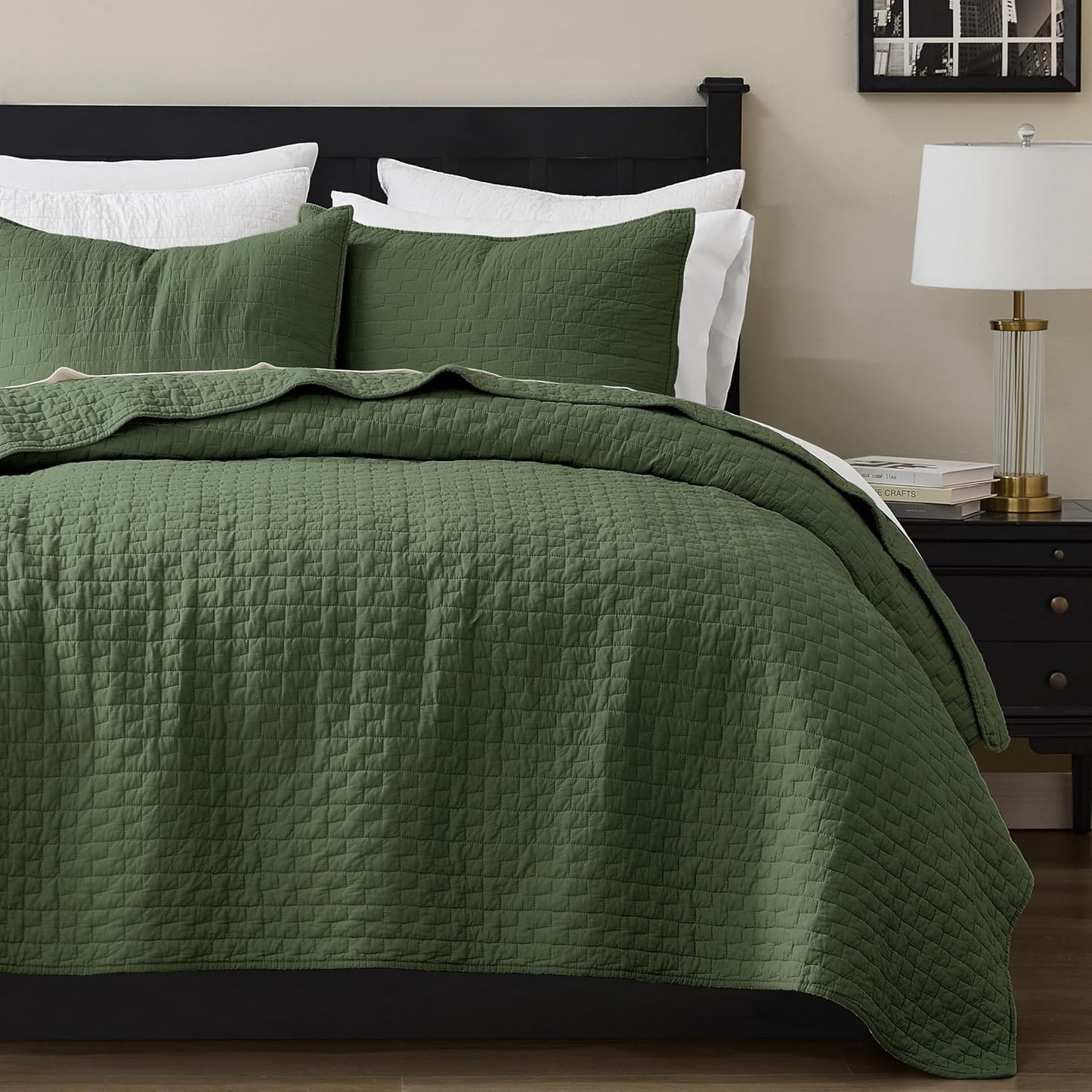 Olive Green 100% Cotton Quilt King Size Bedding Set for All Seasons