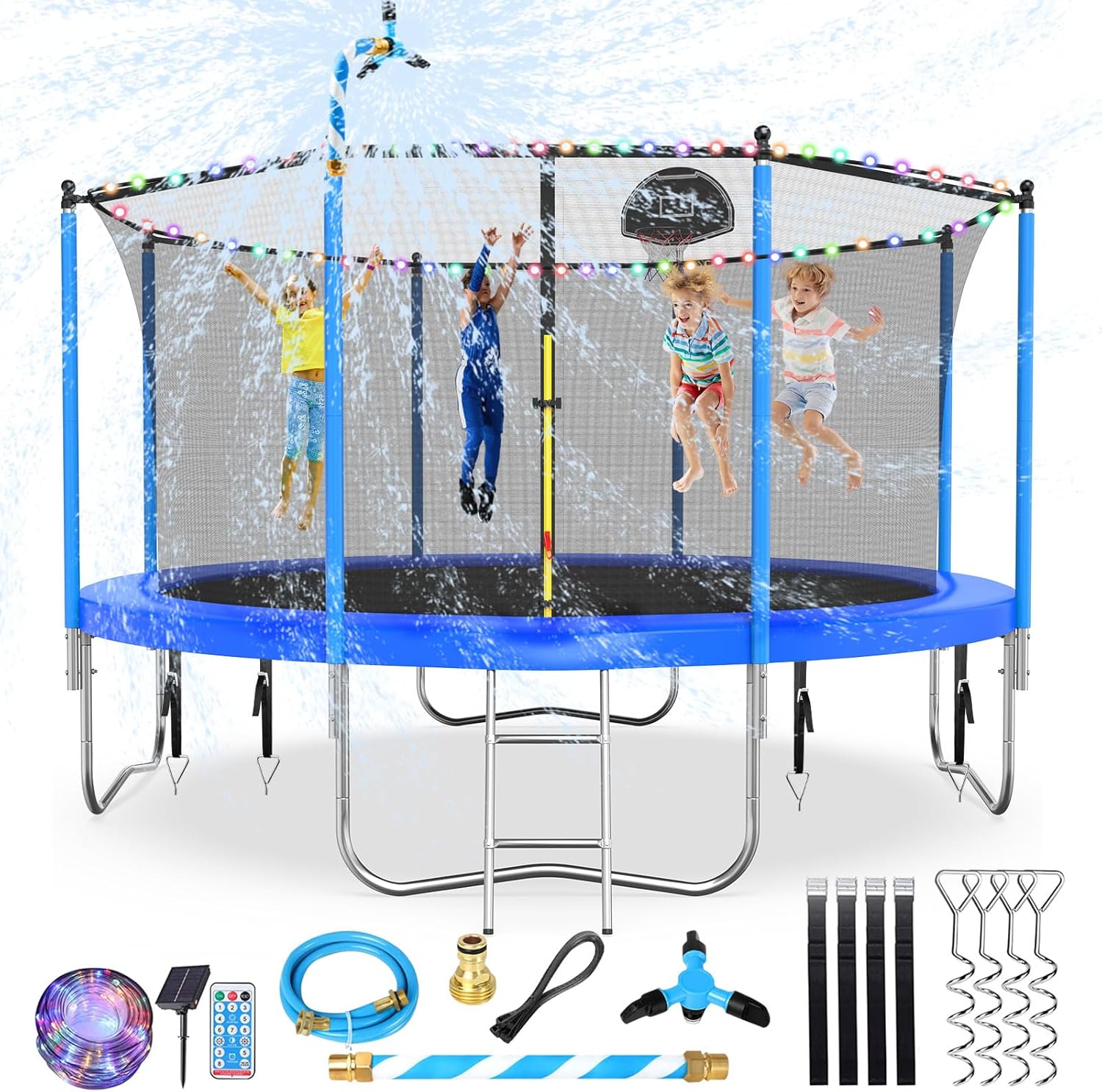 Upgraded 10FT Trampoline with Light, Sprinkler and Basketball Hoop