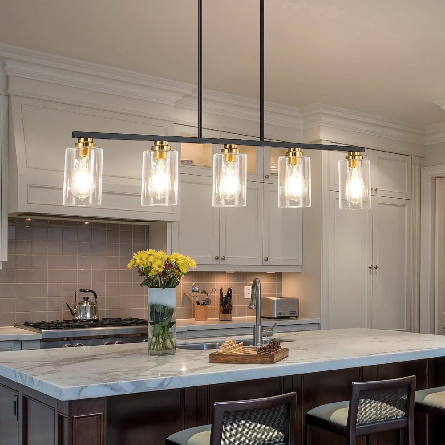 Modern Black and Gold 5-Light Linear Chandelier for Dining Room