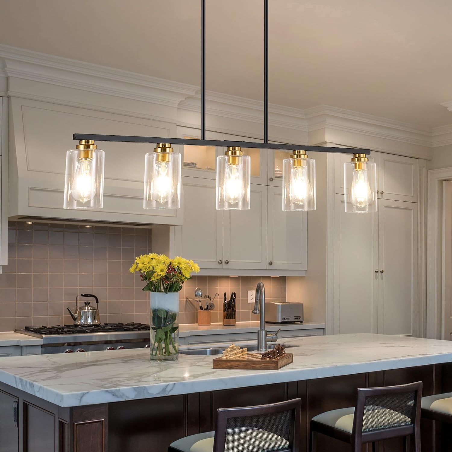 Modern Black and Gold 5-Light Linear Chandelier for Dining Room