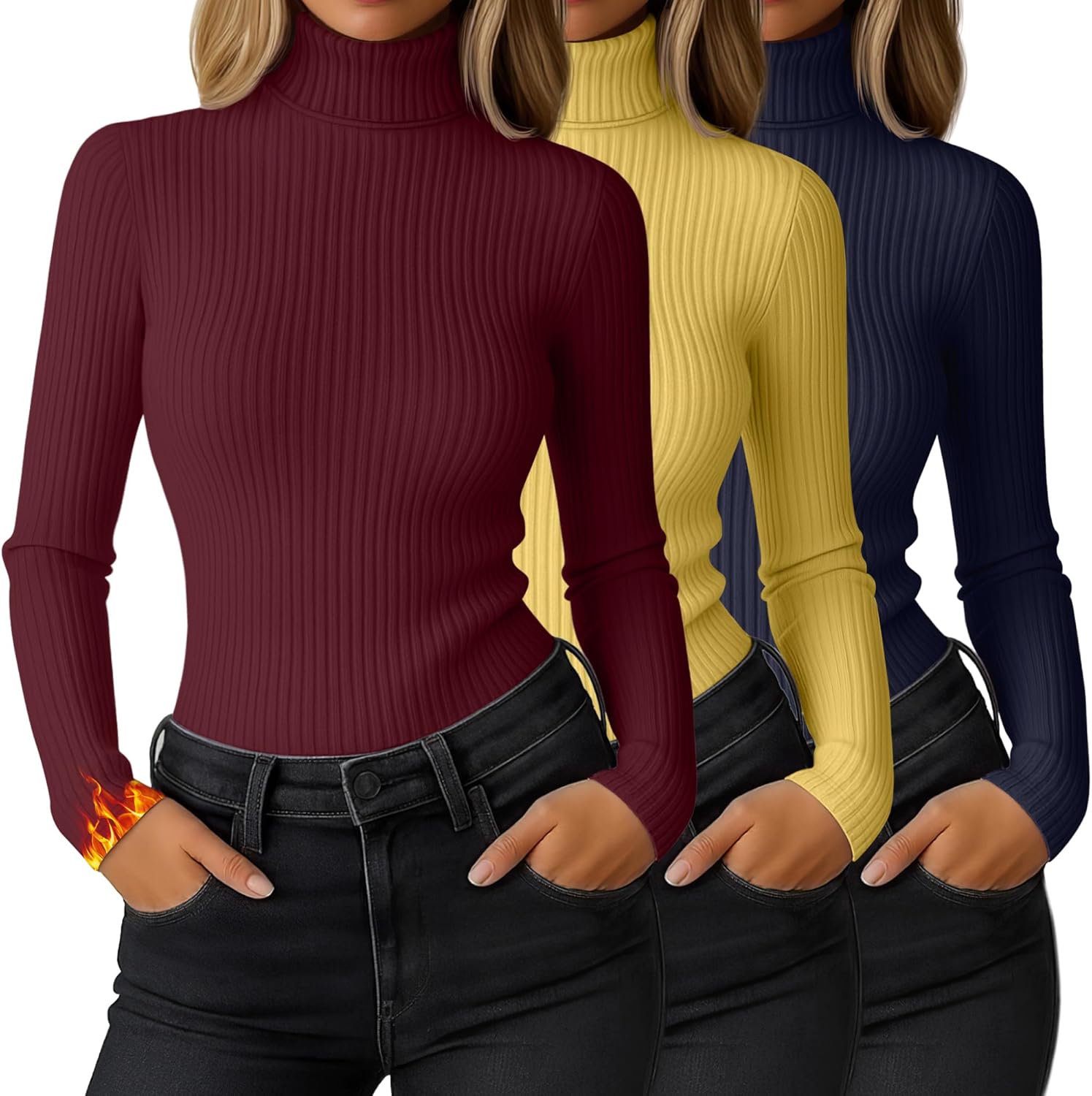 Women's Ribbed Thermal Turtleneck Tops - 3 Pack Long Sleeve