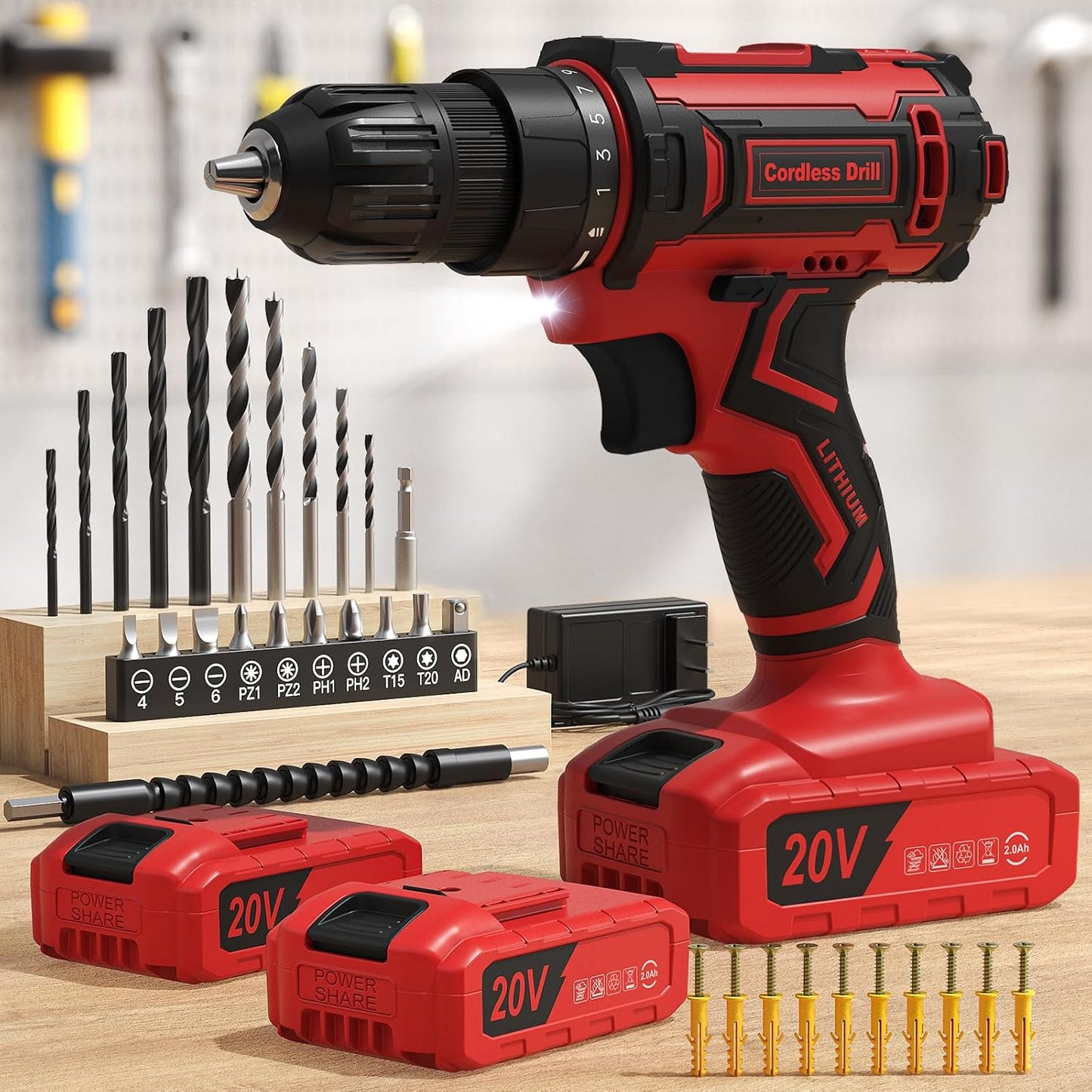 Powerful 20V Cordless Drill with 2 Batteries and 42 Accessories