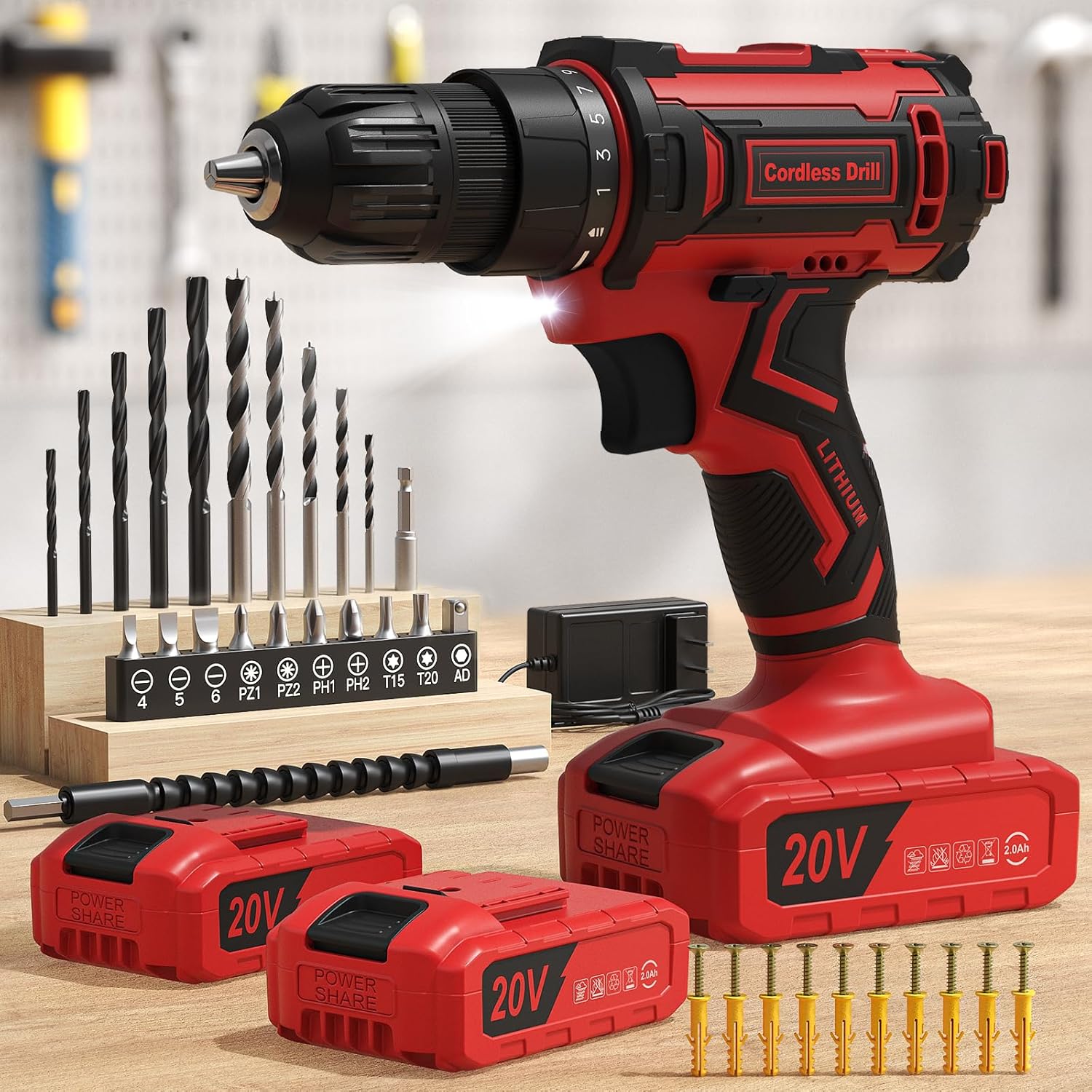 Powerful 20V Cordless Drill with 2 Batteries and 42 Accessories