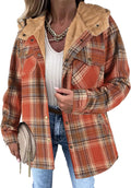 Womens Plaid Shacket Jacket Long Sleeve Fleece Hooded - Oversized Fit