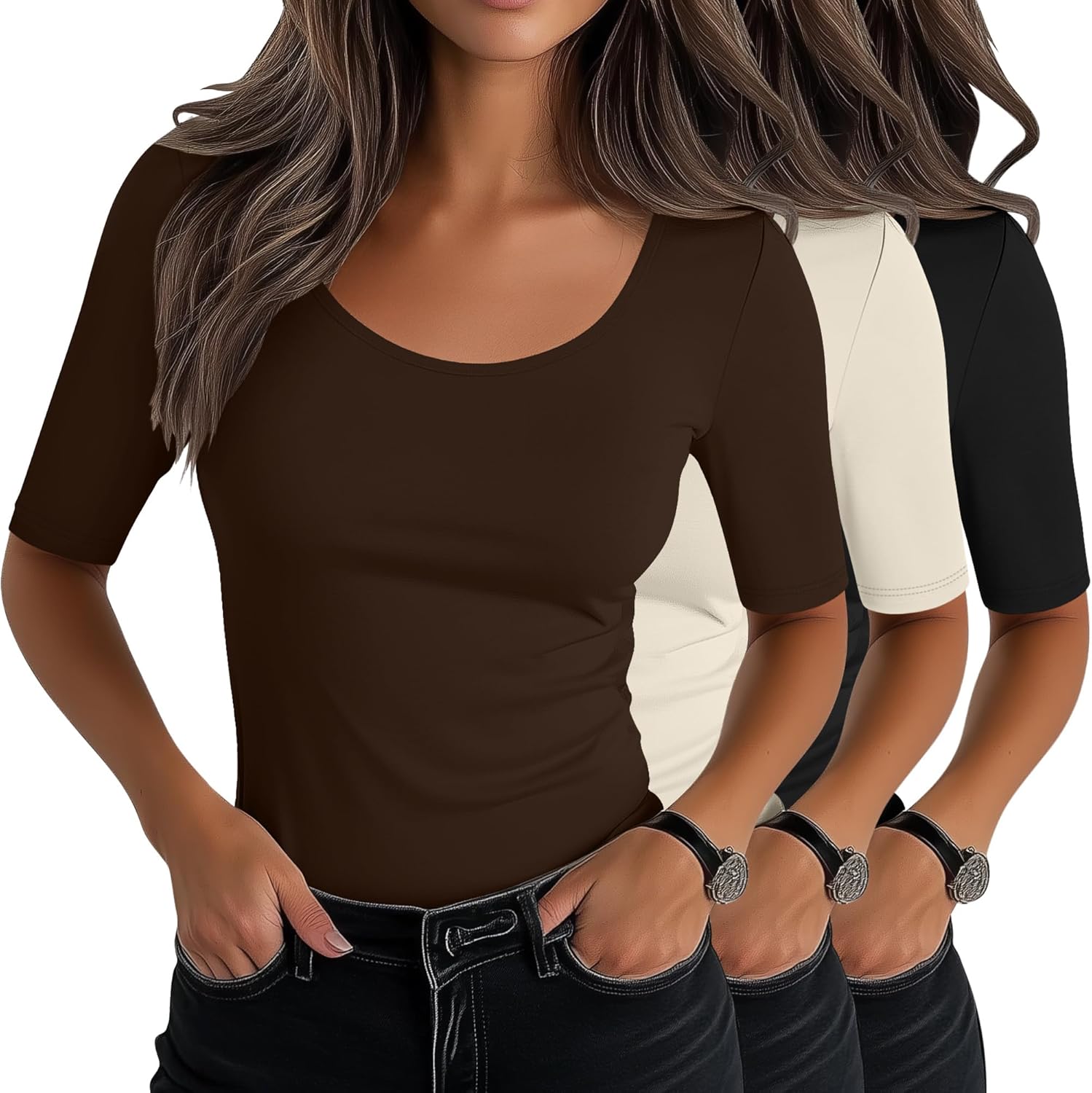 Neer Women's Scoop Neck Stretchy Tops 3 Pack for Summer Style