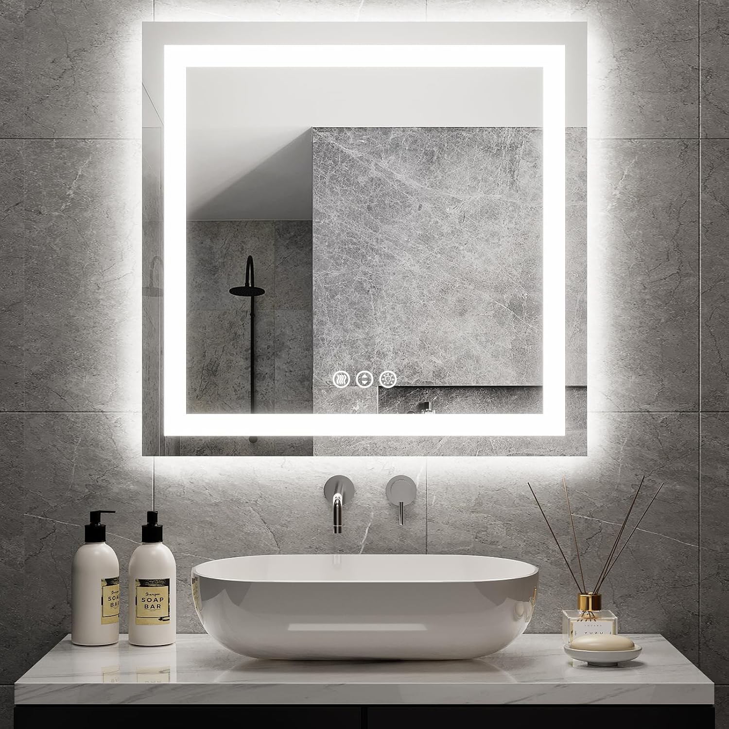 32x32 Inch Lighted Bathroom Mirror with Dimmable Anti-Fog Features