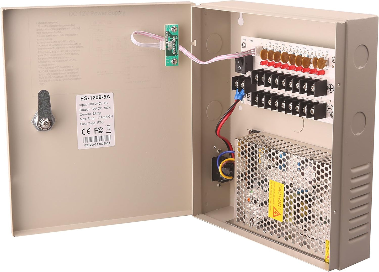 Secure 9-Ch CCTV Power Supply: Metal Box, Fuse, AC Plug