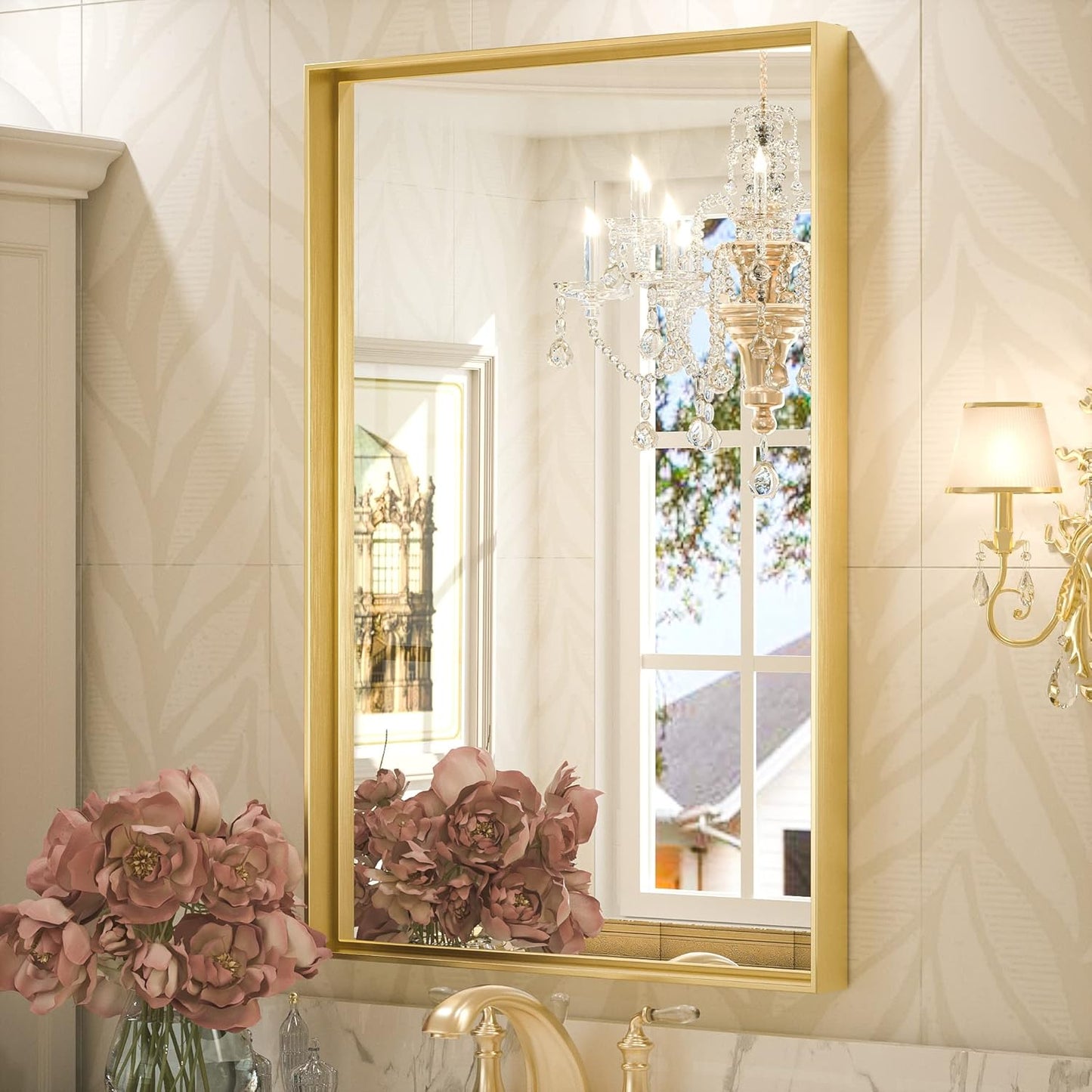 Brushed Gold Bathroom Mirror - Modern Metal Framed Design