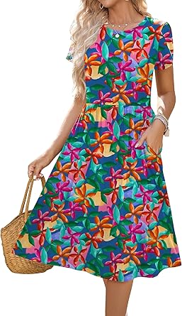 HOTOUCH Women's Summer Short Sleeve A-Line Midi Dresses with Pockets
