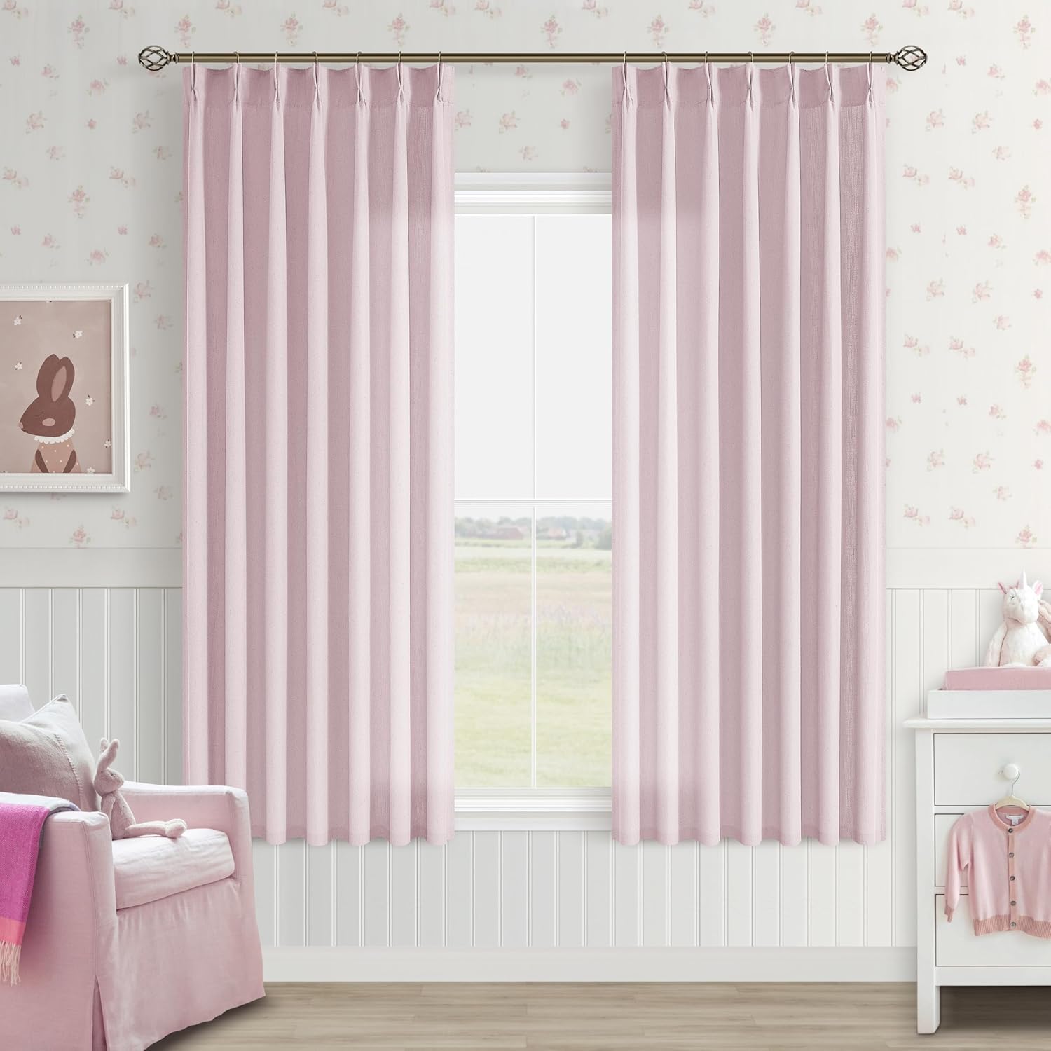 Pink Pinch Pleated Semi Sheer Curtains for Baby Girls Bedroom