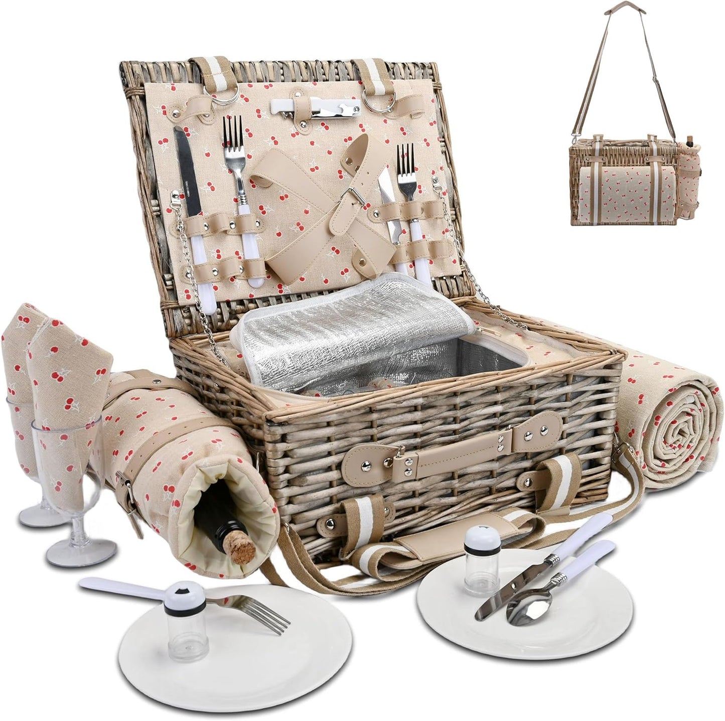 19Pcs Picnic Basket for 2 with Insulated Liner and Blanket