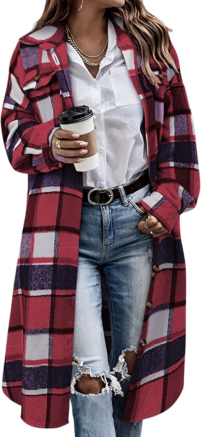 Himosyber Women's Casual Plaid Lapel Woolen Button Up Shacket