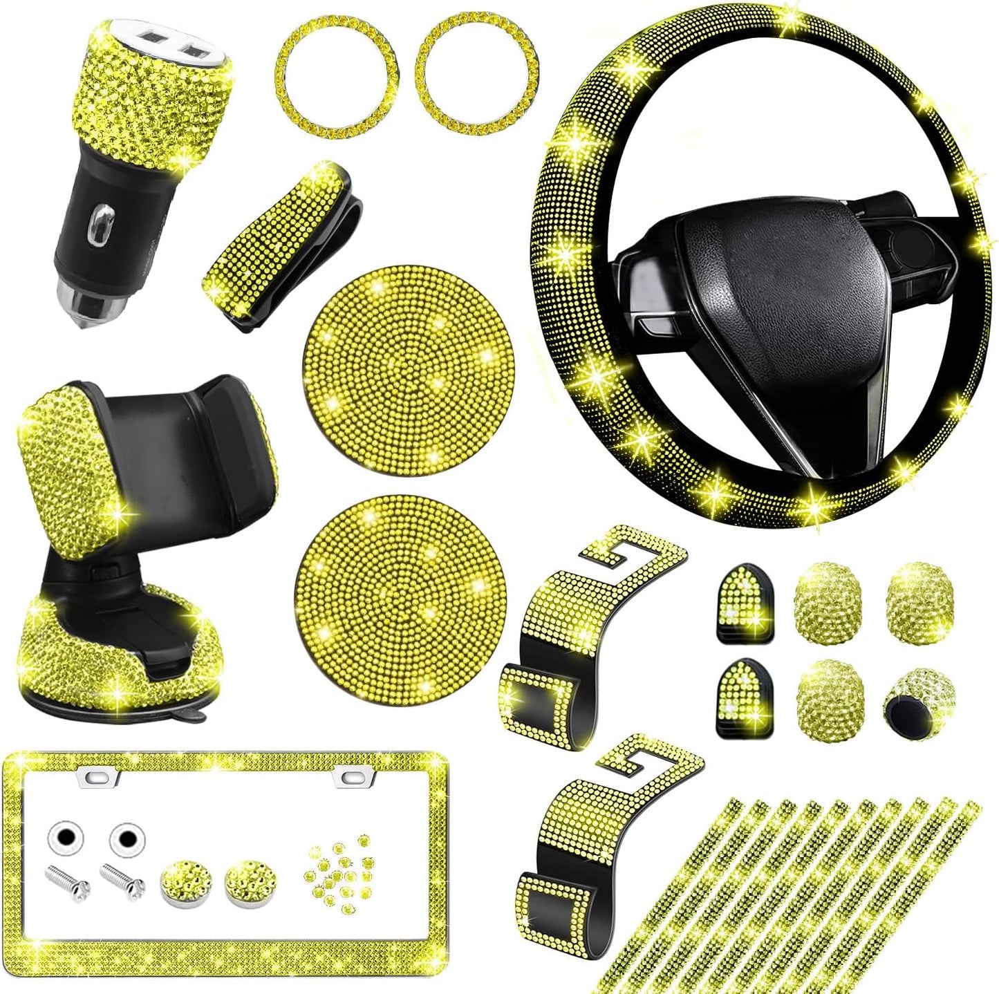 Bling Car Accessories Set for Women - 27 PCs Yellow Diamond