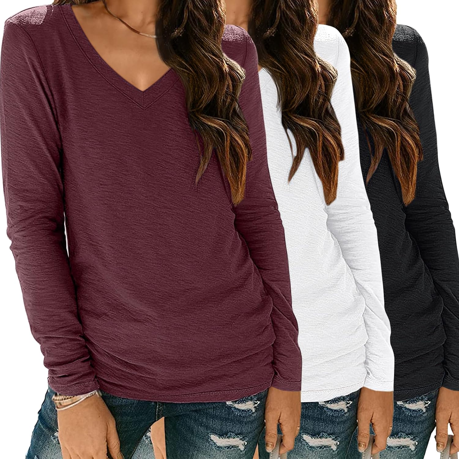 SUNBS 3 Pack Womens Long Sleeve V Neck Tops for Casual Fashion