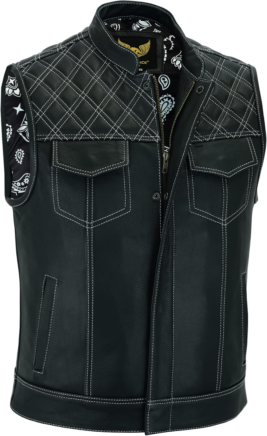 Leatherick Mens Black Motorcycle Vests with Paisley Satin Liner