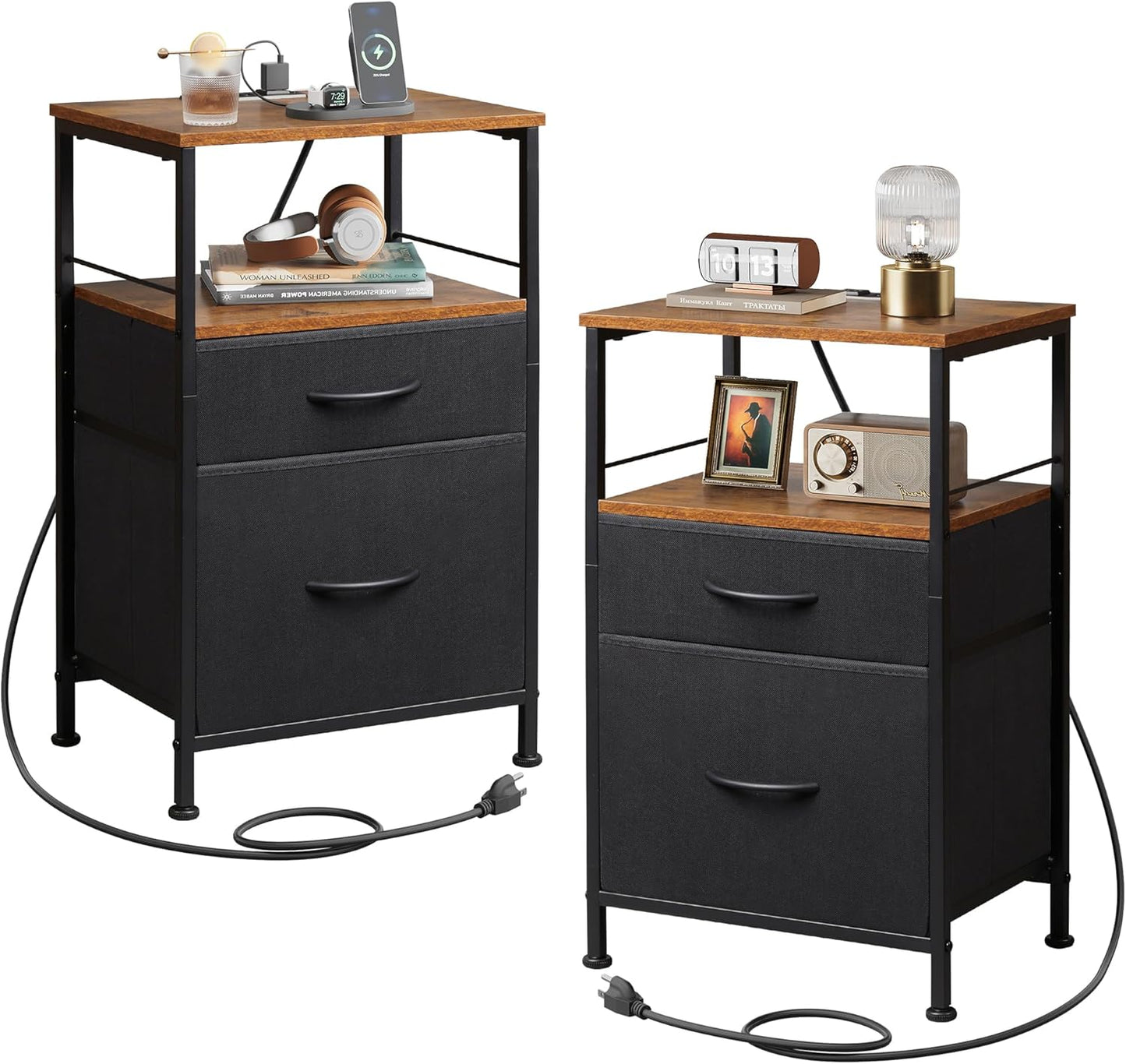 WLIVE Nightstands Set of 2 with Charging Station and Storage