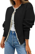 Women's Pearl Trim Open Front Cardigan Sweater - Long Sleeve Knit Coat