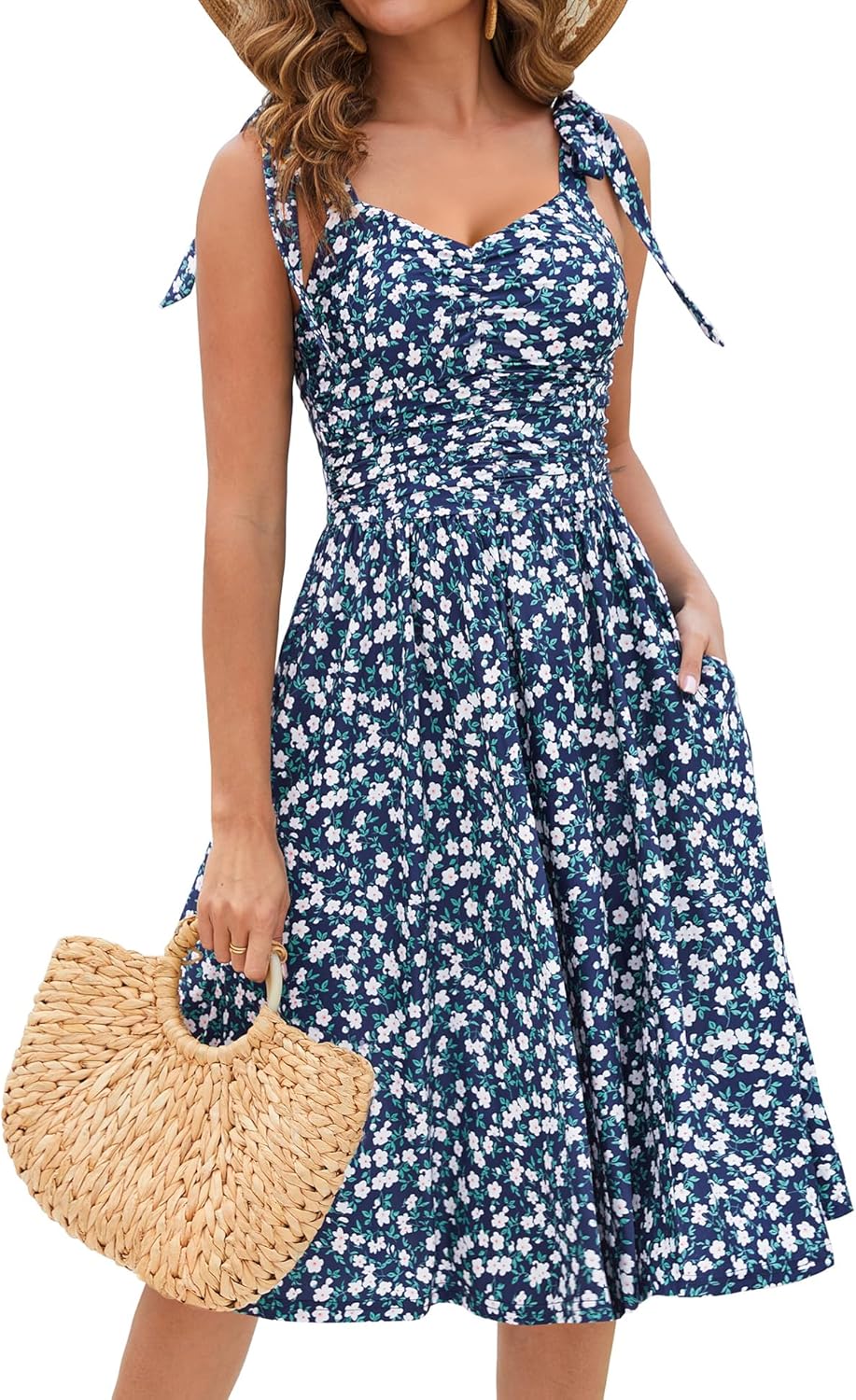 Kranda Women Summer Fall Ruched Midi Dress with Pockets