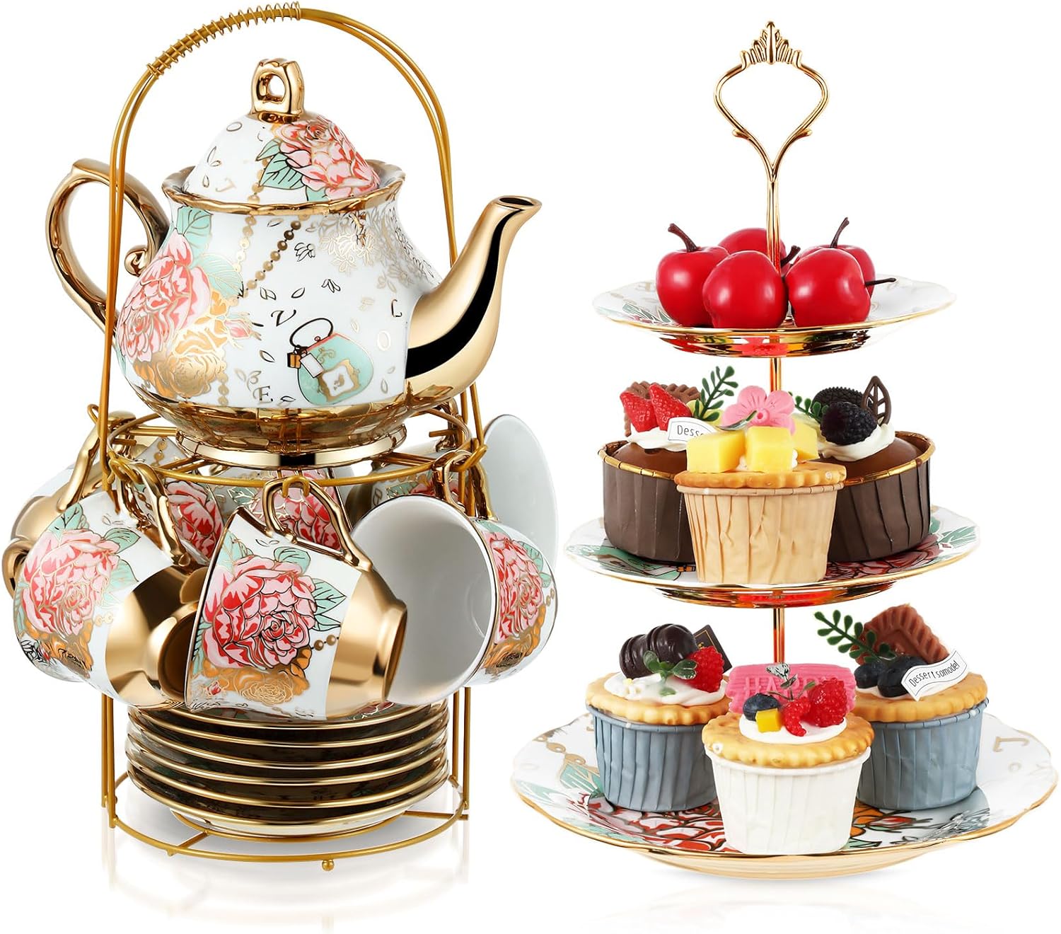 Elegant European Floral Tea Party Set with 3 Tier Cake Stand