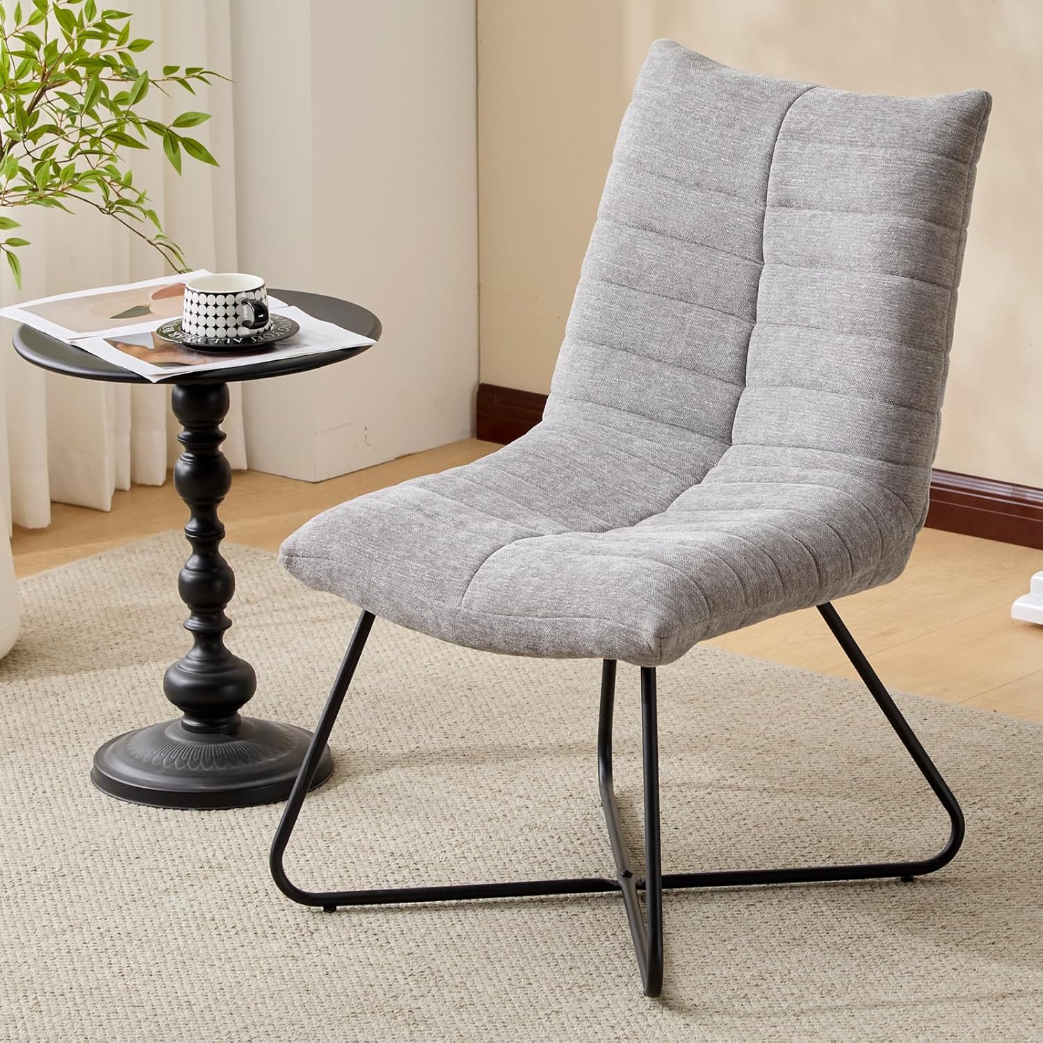 Chic Armless Lounge Chair, Soft Chenille Fabric, Cross Metal Legs, Grey