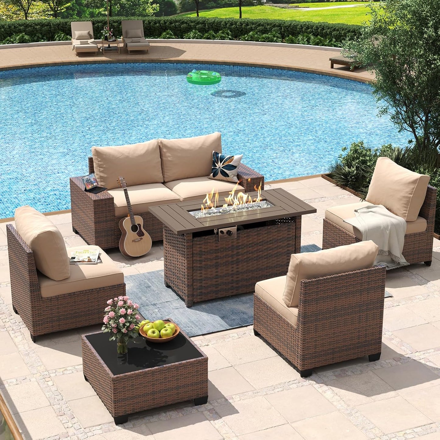 Aoxun 7 Piece Patio Furniture Set with Fire Pit Table & Cushions