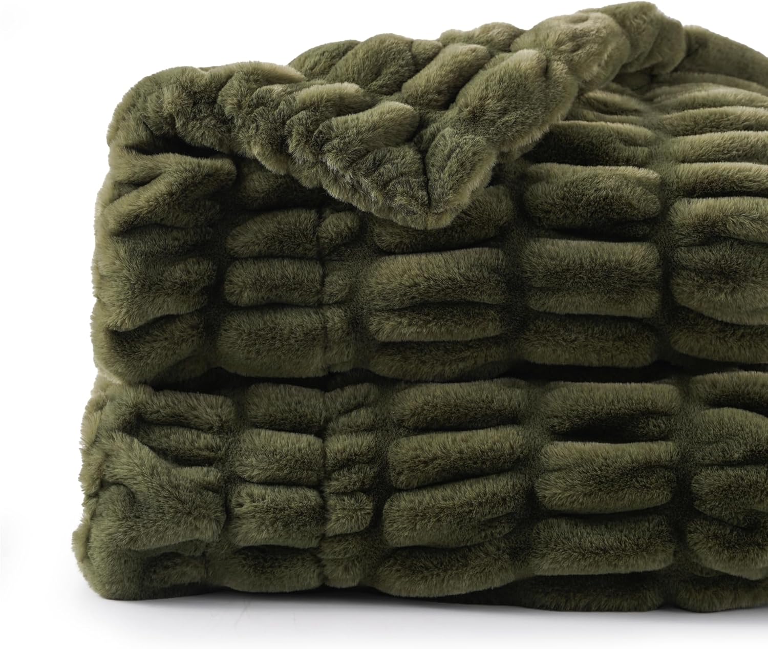 Olive Green Faux Fur Throw Blanket for Cozy Warm Comfort