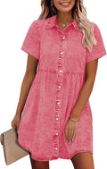 GRAPENT Denim Dress Babydoll Tiered Short Sleeve Button Down Women's