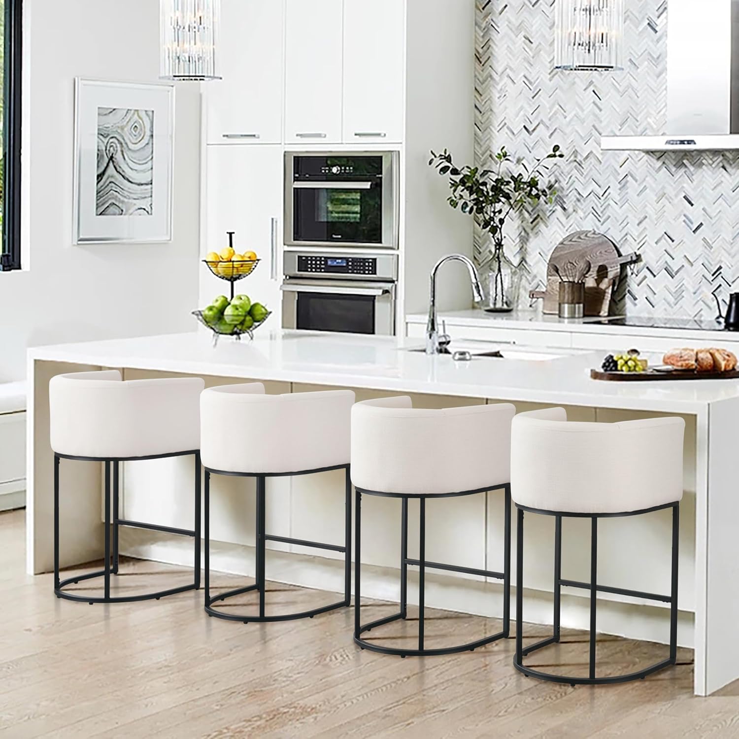 Contemporary Cream Linen Bar Stools Set of 4 for Kitchen Use