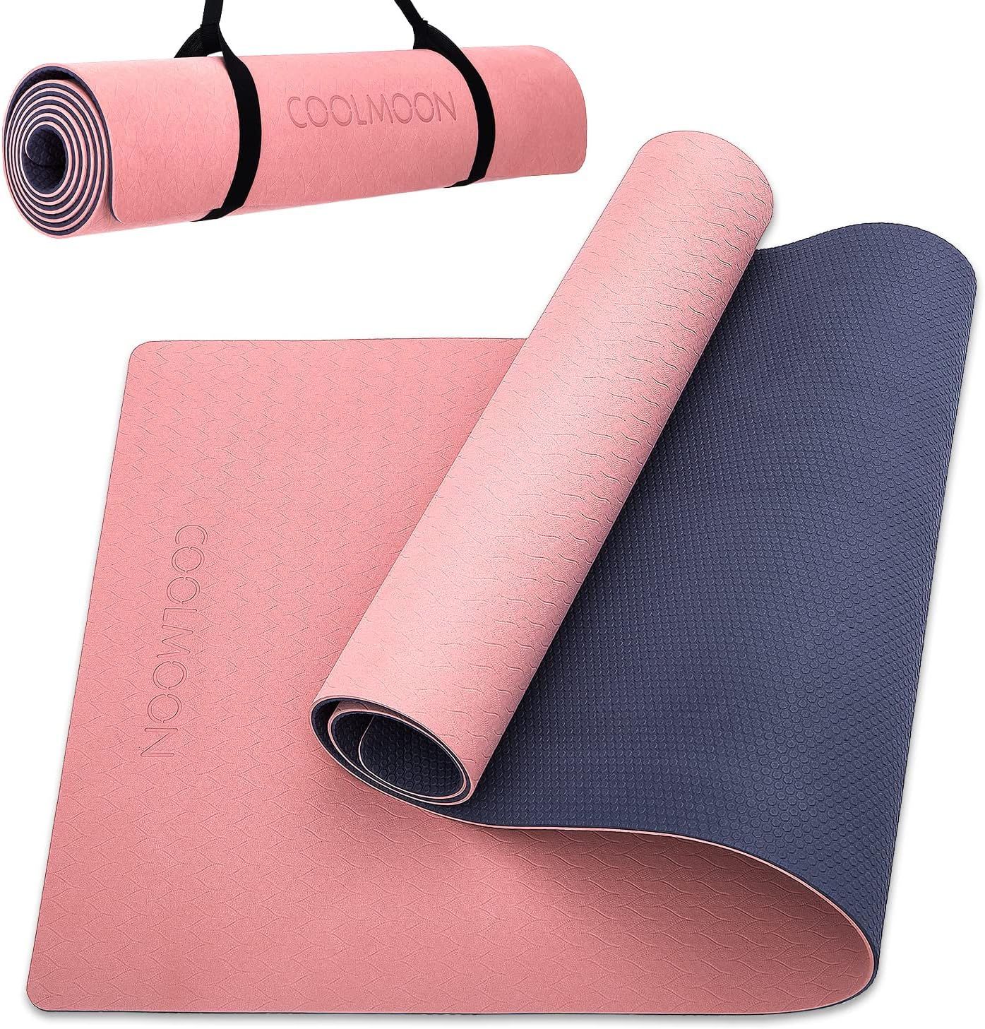 COOLMOON Non-Slip TPE Yoga Mat - Anti-Tear 1/4 Thick - Women/Men - 72x24 - Carrying Strap