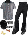 6 PCS Men's 70s Disco Outfit Costume Retro Bell Bottom Pants & Shirt