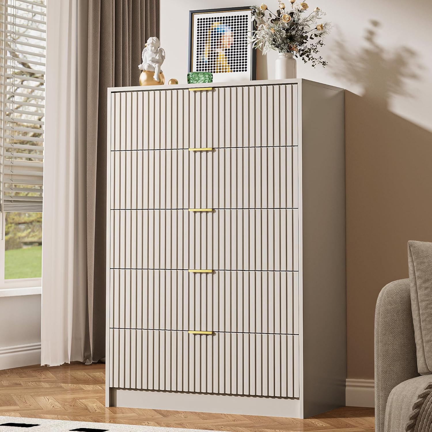 5 Drawer Dresser for Bedroom with Gold Handles - Beige Finish