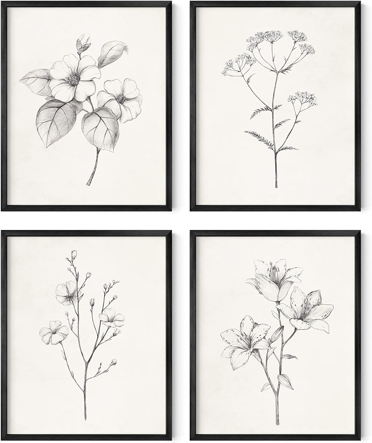 Grey Floral Wall Art Set of 4 Plant Posters for Vintage Decor