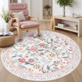 Pink Floral Round Rugs 5ft Washable Boho Circle Rug - Soft Non-Slip