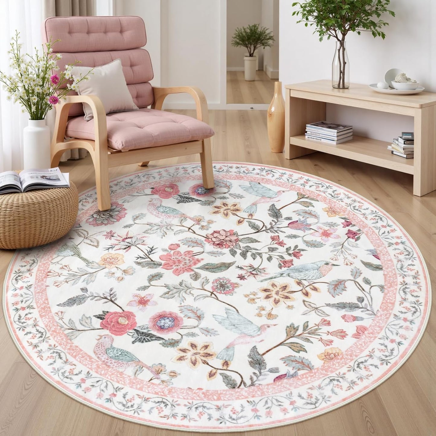 Pink Floral Round Rugs 5ft - Soft Non-Slip Carpet for Kids Room