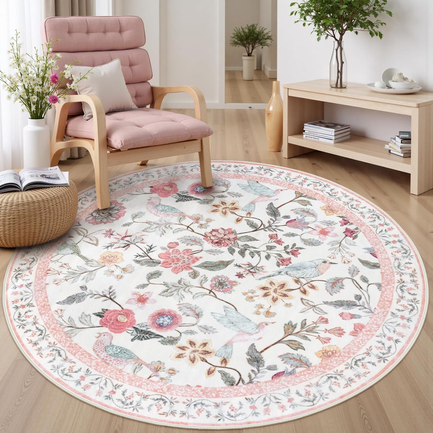 Pink Floral Round Rugs 5ft - Soft Non-Slip Carpet for Kids Room