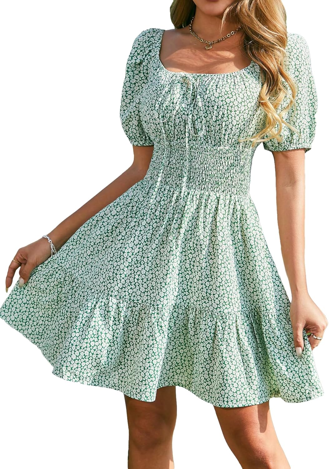 Floerns Women's Boho Square Neck Puff Sleeve A Line Dress