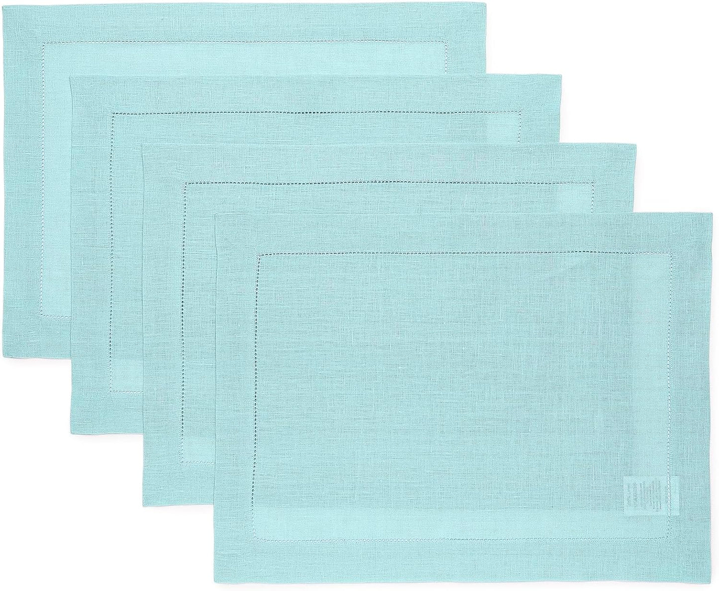 Classic Hemstitch Aqua Blue Linen Placemats Set of 4 for Dining