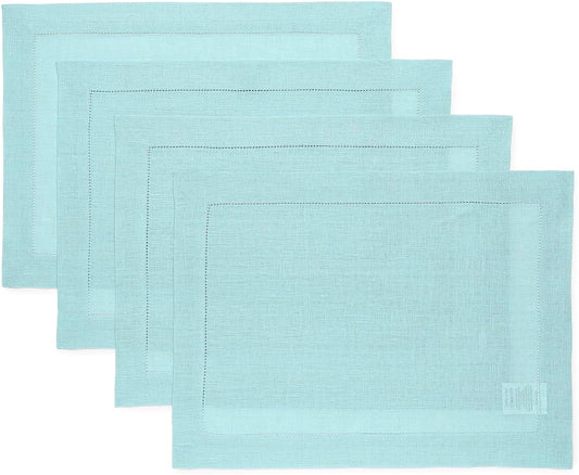 Classic Hemstitch Aqua Blue Linen Placemats Set of 4 for Dining