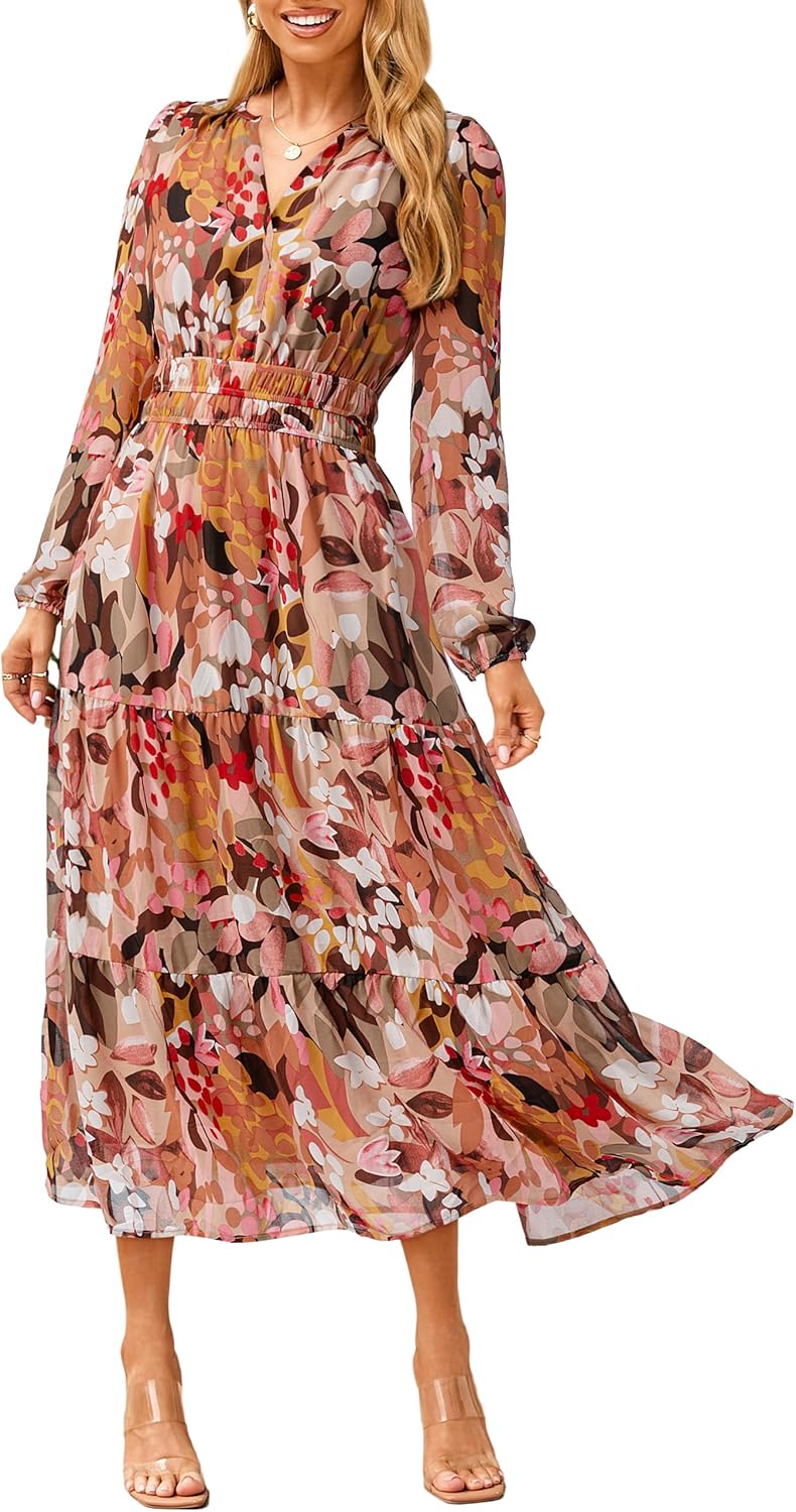 Simplee Women's Floral Boho Long Sleeve Maxi Dress for Weddings