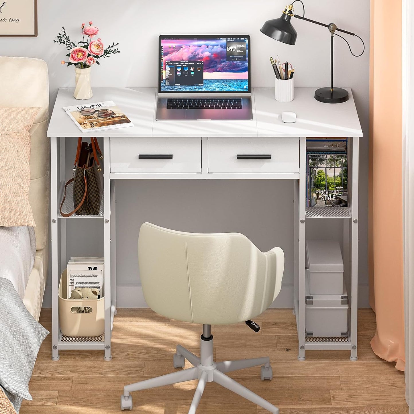 Compact White Desk with Storage - DAOUTIME