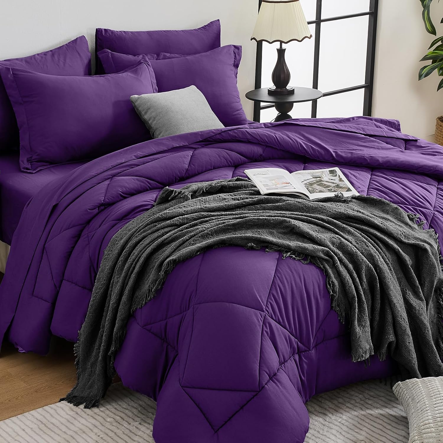 HEVUMYI Purple Queen Comforter Set - Luxurious 7-Piece Bedding