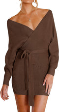 ZESICA Women's Fall Long Batwing Sleeve Wrap V Neck Sweater Dress