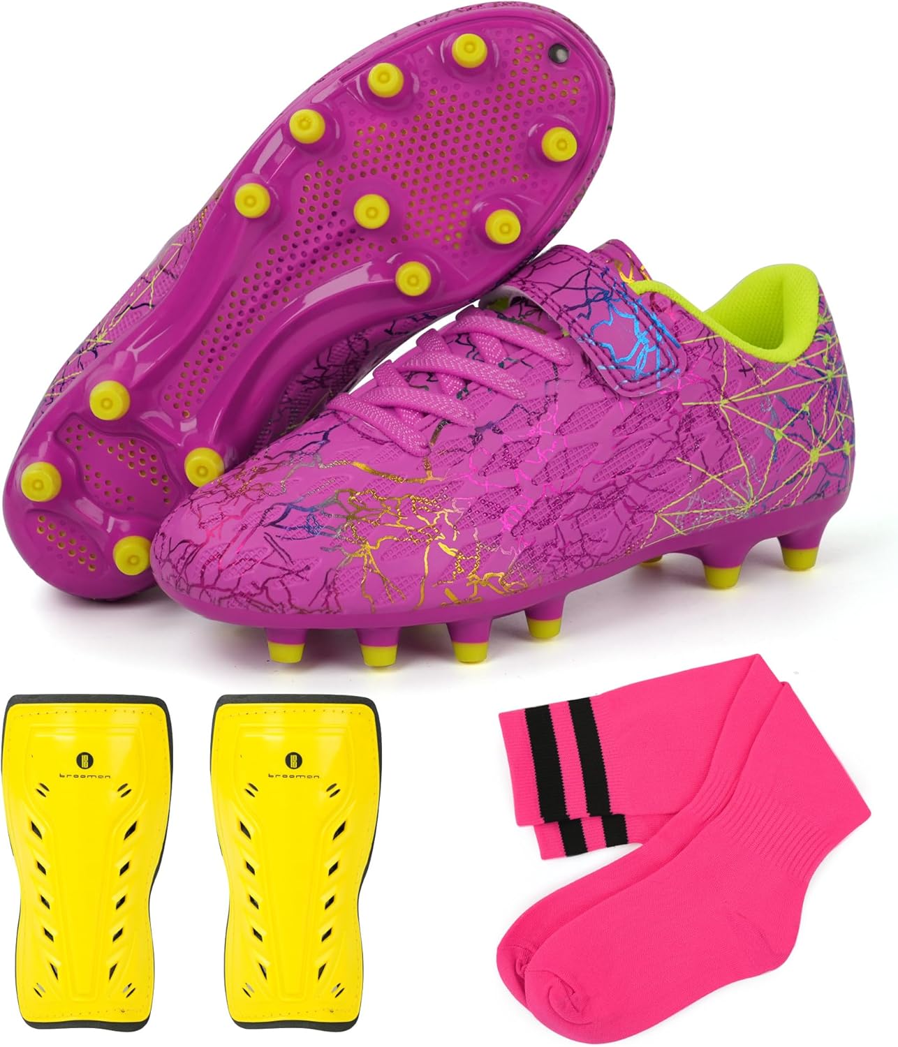 Kids Firm Ground Soccer Cleats with Shin Guards and Socks