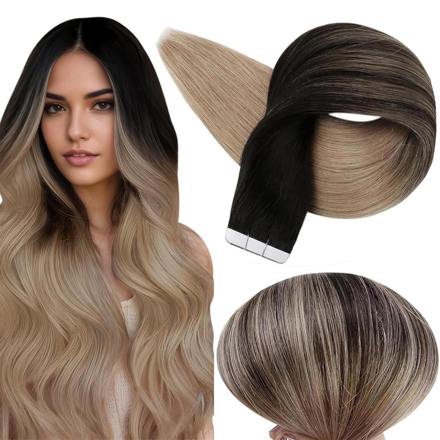 Full Shine Hair Extensions Black Ombre Ash Blonde 16 Inch Tape In