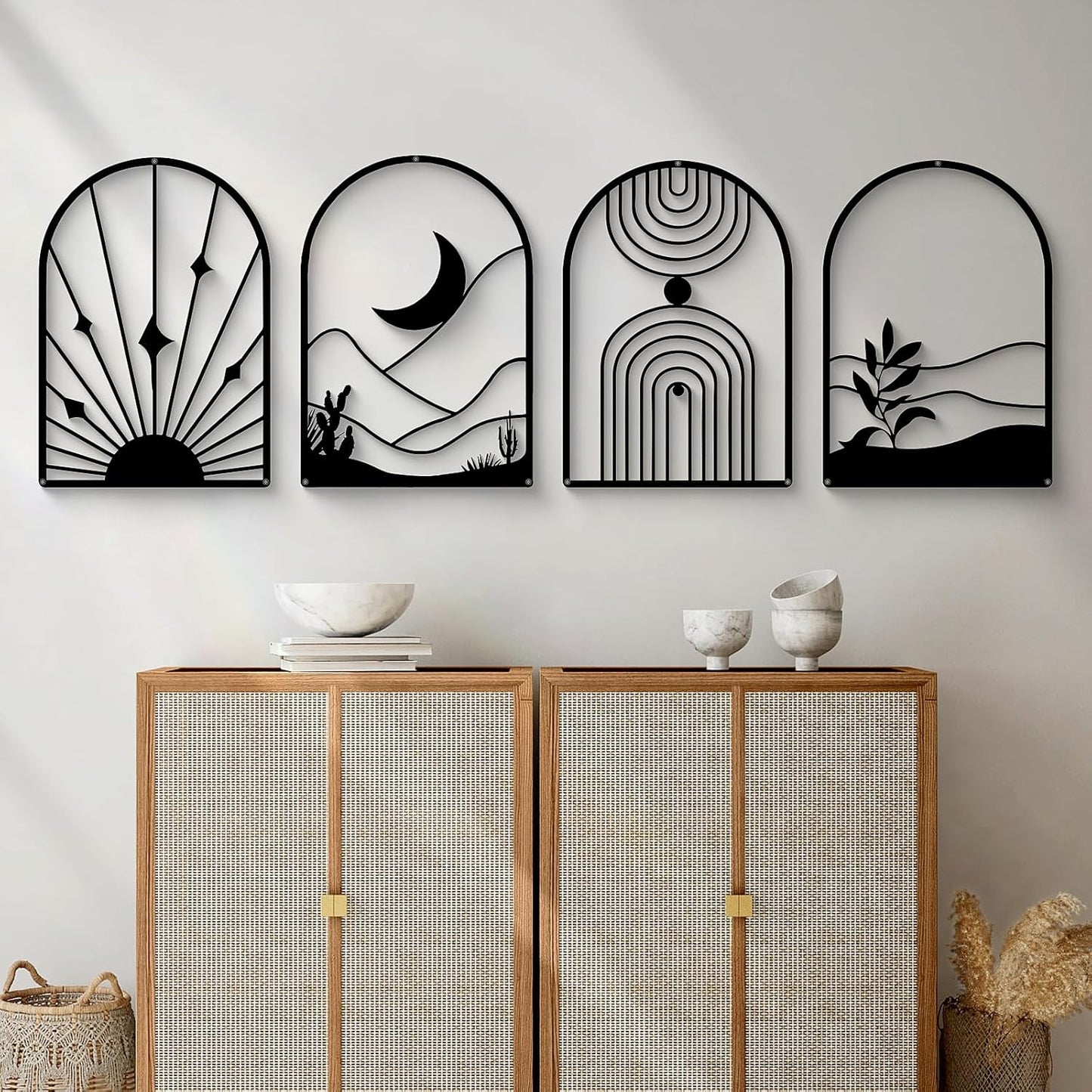 Glamativity 4 Pack Black Abstract Metal Wall Art for Minimalist Decor